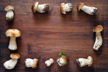 Wall Mural - Frame of fresh forest porcini mushrooms on a wooden old board, top view, copy space