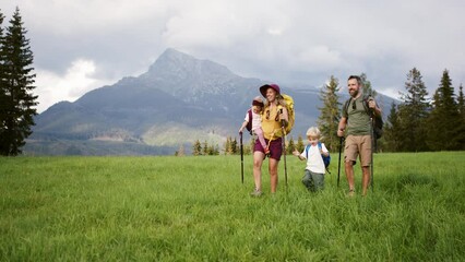Wall Mural - family with small children hiking outdoors in summer nature.