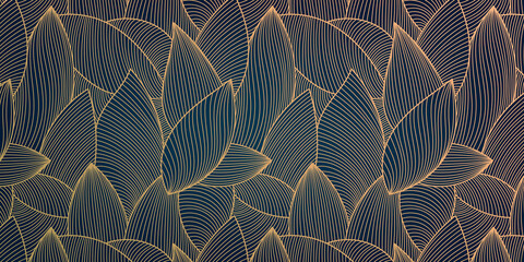 Vector golden luxury background, pattern design with leaves. Line art for prints and texture illustration. Art deco vintage style.