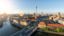 Aerial View Of Berlin Skyline And Spree River In Beautiful Eveni