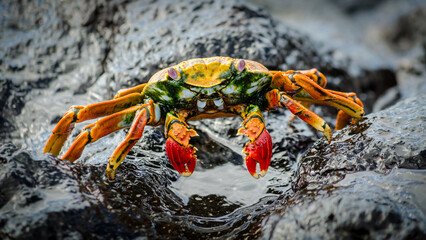 closeup shot of the beautiful red and yellow crab on the wet stones