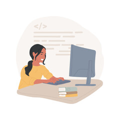 Coding online class isolated cartoon vector illustration. Programming online class, coding virtual summer camp, kids remote learning, after school program, tech education vector cartoon.