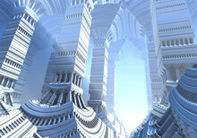 Abstract Computer Generated Fractal Design. 3D Aliens Illustration Of A Beautiful Infinite Mathematical Mandelbrot Set Fractal Silver White Gate Castle.