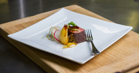 Canvas Print - Close up shot of the delicious steak with potato in the restaurant