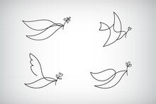 Vector Set Of Line Logo, Icon, Drawing Of Dove Holding A Branch, Symbol Of Love And Piece. One Line Minimalist Pigeon.