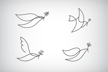 Wall Mural - Vector set of line logo, icon, drawing of dove holding a branch, symbol of love and piece. One line minimalist pigeon.