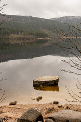 Sticker - Vertical shot of the Schluchsee Lake with hills, trees and rocks in the Black Forest on a cloudy day