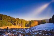 Thuringian Forest In Germany With Melting Snow And Tall Trees With The Sun Rays