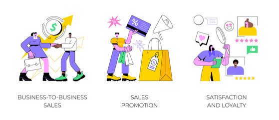 Poster - Product promotion abstract concept vector illustration set. Business-to-business sales, sales promotion, satisfaction and loyalty, retail strategy, advertising campaign, feedback abstract metaphor.