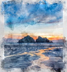 Wall Mural - digital watercolour painting of absolutely beautiful landscape images of holywell bay beach in cornw
