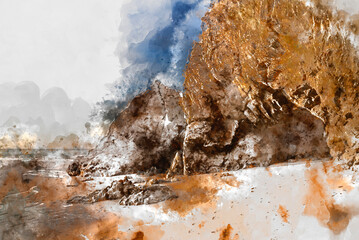 Wall Mural - digital watercolour painting of absolutely beautiful landscape images of holywell bay beach in cornw