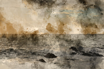 Wall Mural - digital watercolour painting of stunning fine art landscape image of view from hartland quay in devo