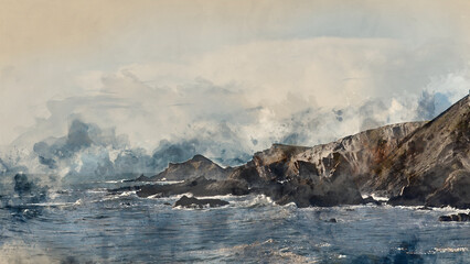 Wall Mural - digital watercolour painting of stunning landscape image of view from hartland quay in devon england