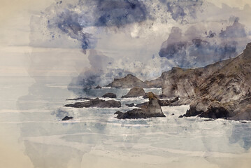 Wall Mural - digital watercolour painting of stunning fine art landscape image of view from hartland quay in devo