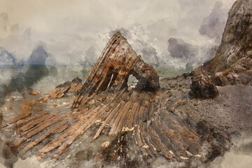 Wall Mural - digital watercolour painting of stunning aerial drone flying landscape image of blackchurch rock on 