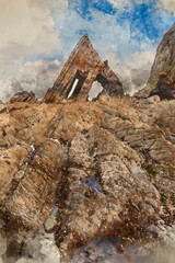 Wall Mural - digital watercolour painting of beautiful landscape image of blackchurch rock on devonian geological