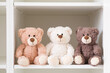 Smiling white, light brown and dark brown teddy bears sitting on shelf in wardrobe. Togetherness and friendship concept. Front view. Closeup.