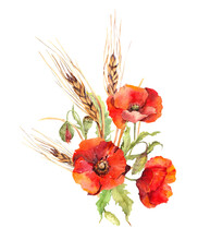 Red Poppy Flowers, Wheat Stems Bouquet. Watercolor Summer Poppies Illustration For Memorial, Anzac Day