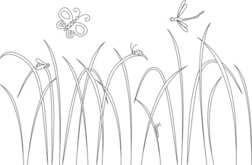 Silhouettes of field grass from simple lines with insects on a white background. Design for logo, flyer, brand book