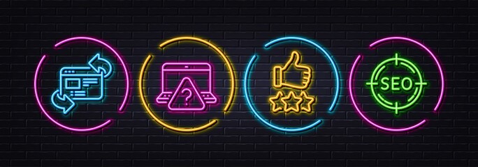 Poster - Online question, Refresh website and Rating stars minimal line icons. Neon laser 3d lights. Seo icons. For web, application, printing. Internet faq, Update internet, Thumb up. Search target. Vector