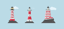 Lighthouse With Clouds In Flat Design, Set Of Beacons. 