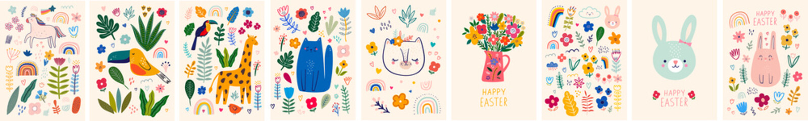 Wall Mural - Baby posters and cards with animals and flowers pattern. Vector illustrations with cute animals. Nursery baby illustrations.