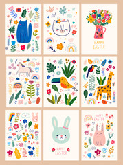 Wall Mural - Baby posters and cards with animals and flowers pattern. Vector illustrations with cute animals. Baby illustrations