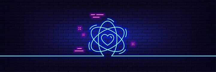 Sticker - Neon light glow effect. Atom with heart line icon. Energy sign. Chemical element symbol. 3d line neon glow icon. Brick wall banner. Atom outline. Vector