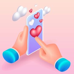 Poster - trending 3d isometric illustration. hand holding mobile smart phone with social media app. hand clic