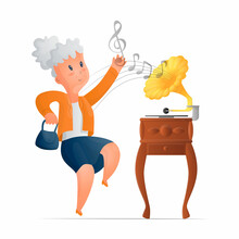 Vector Isolated Illustration Of An Elderly Woman Dancing To A Gramophone. A Concert Of Retro Music, Nostalgia, Antiques, Music Players. It Can Be Used In Postcards, Banners, Web Design.
