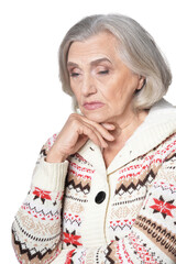 Sticker - Close up portrait of sad senior woman on white background