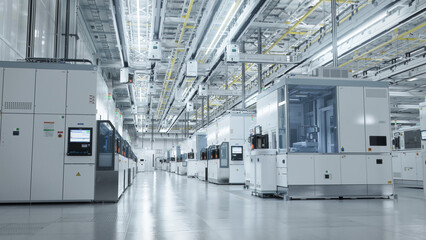 Wall Mural - Inside Bright Advanced Semiconductor Production Fab Cleanroom with Working Overhead Wafer Transfer System 