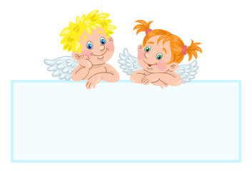 Canvas Print - Cute little kids with wings like angels. Greeting card. Place for your text. In cartoon style. Isolated on white background. Vector illustration