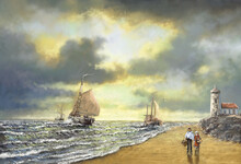 Old Fishing Boats, Ships, Sunset On The Beach, People Walking On The Beach. Paintings Sea Landscape.