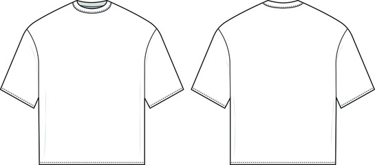 Boxy oversized fit t-shirt flat technical drawing illustration short sleeve blank streetwear mock-up template for design and tech packs.