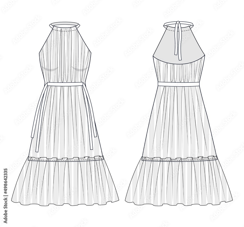 halter dress sketch Woman Halter Dress fashion flat design CAD. Girl Tiered Dress with shoulder  straps technical drawing template. Dress with front, back view, white  color. Stock-vektor