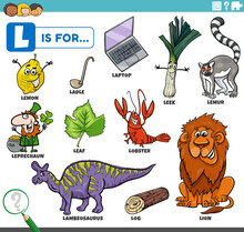 Letter L Words Educational Set With Cartoon Characters