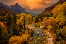 The Virgin River In Zion National Park During The Fal Season.  Trees Showing Fall Colors Line The River.