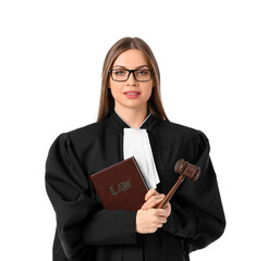 Poster - Young female judge with book and gavel on white background