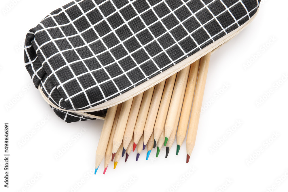 Case with color pencils isolated on white background, closeup