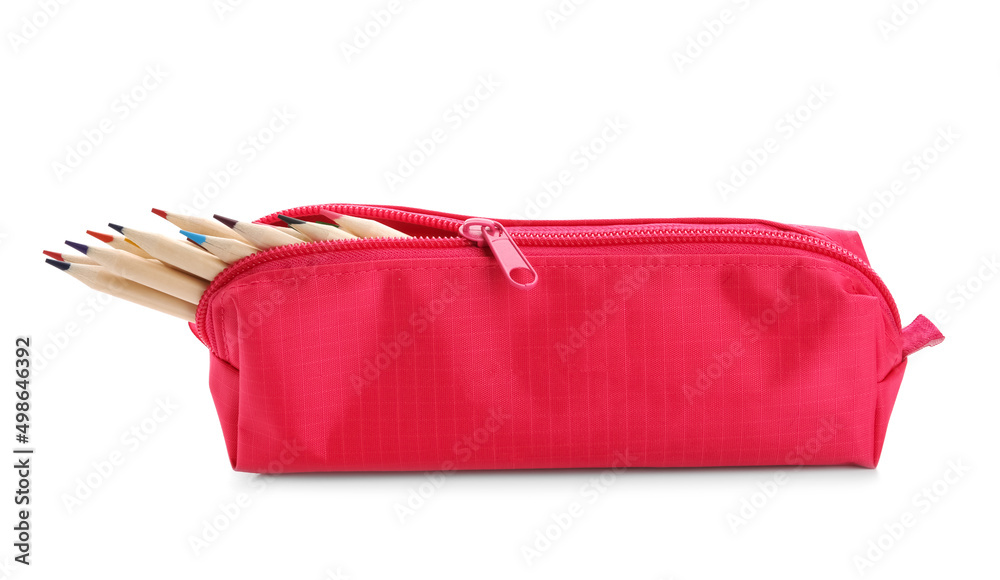 Case with color pencils isolated on white background