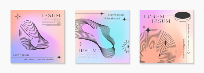 Vector mesh gradient backgrounds with wireframe geometric shapes,copy space for text.Abstract illustrations in y2k aesthetic.Pastel colors.Trendy minimalist designs for banners,social media,covers.