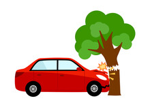 Car Crash With Tree In Flat Design On White Background. Car Accident Concept Vector Illustration.