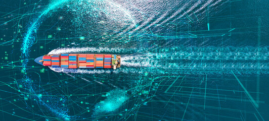 Wall Mural - Communication technology for internet business Cyber. Global planet with Aerial top view of cargo ship in the ocean sea ship carrying container and running for export ,webinar banner  forward mast