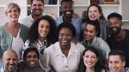 Sticker - Our business puts fairness and equality first. Portrait of a group of happy businesspeople working together in a modern office.