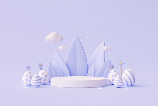 Easter eggs day White podium pedestal product display on purple background 3d rendering
