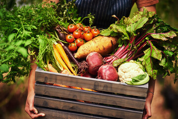 Poster - Freshly grown by nature. Cropped shot of an unrecognizable female farmer holding a crate full of fresh produce at her farm.
