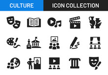 Culture Icon Collection. Containing History Literature, Ancient Vase, Theater, Museum And Art Icon In Black Design.