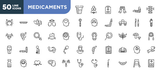 Wall Mural - set of 50 outline medicaments icons. editable thin line icons such as urine test, mental health, sick boy, injury, peace of mind, ecg, dentist mask stock vector.