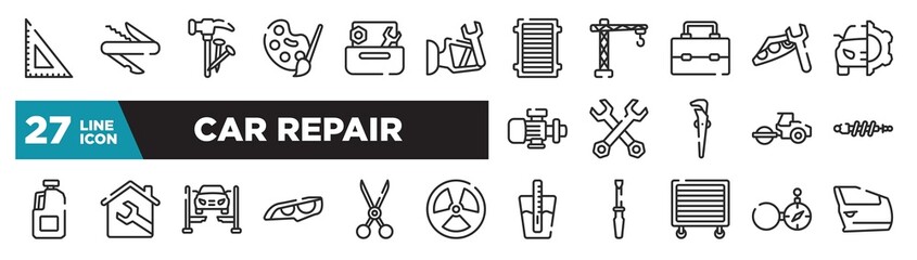 Wall Mural - set of car repair icons in outline style. thin line web icons such as null, side mirror, lunchbox, double wrench, house, shears, open compass editable vector.